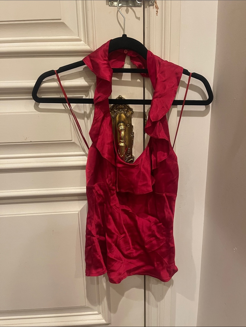 Red Ruffled Halter Satin Tank Top